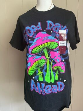 Good Day Ahead Black Graphic Tee with Neon Mushrooms size S
